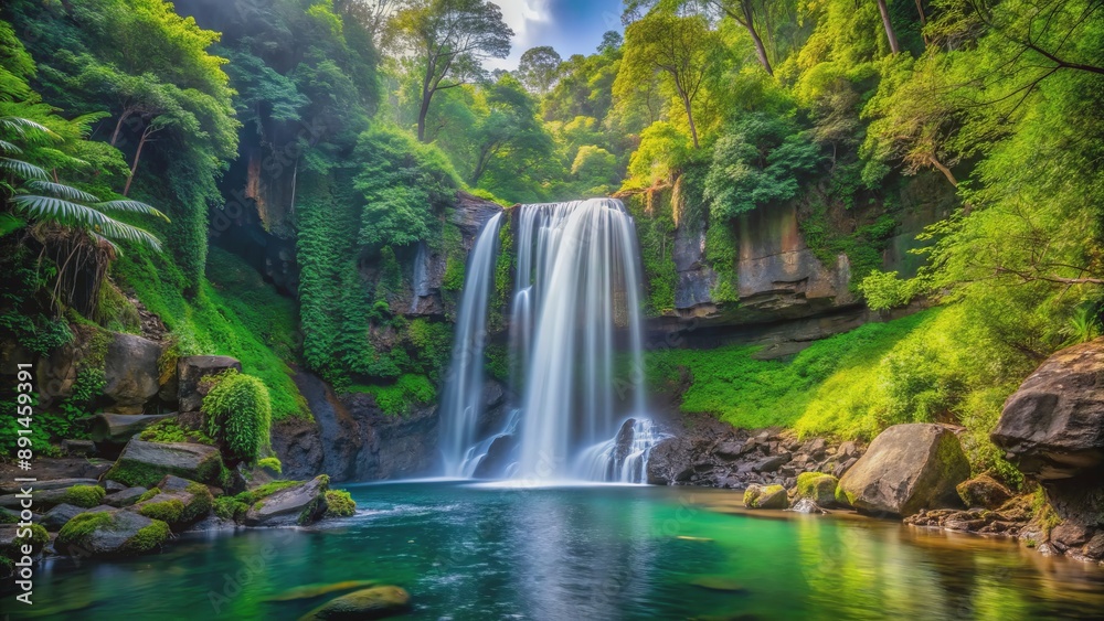 Fototapeta premium A serene, secluded waterfall cascades down rocky cliffs, surrounded by lush, vibrant foliage in a dense, emerald forest setting.