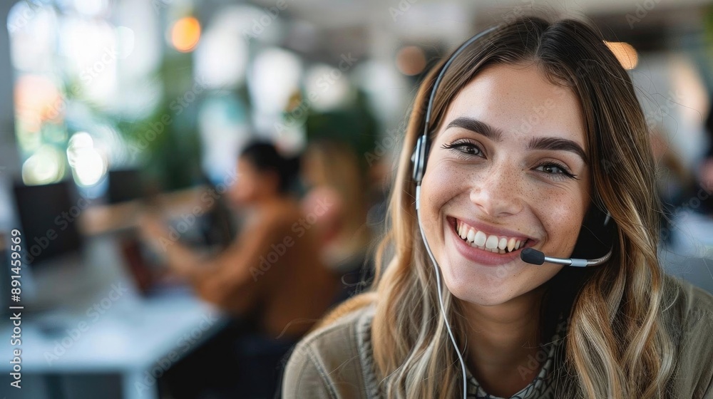 Young woman in a customer service role, smiling with a headset on, modern desk, bright and welcoming office Young woman in a customer service role, smiling with a headset on, modern desk, bright and welcoming office