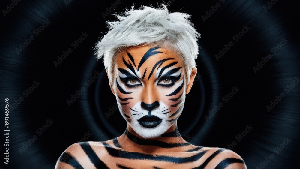 A woman with a tiger face paint and white hair, AI A woman with a tiger face paint and white hair, AI
