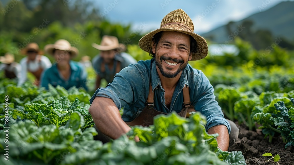 Picture of smiling farmers in Asia working together to harvest vegetables in a lush garden under clear skies showcasing teamwork in farming realistic photo, high resolution , Minimalism, Picture of smiling farmers in Asia working together to harvest vegetables in a lush garden under clear skies showcasing teamwork in farming realistic photo, high resolution , Minimalism,