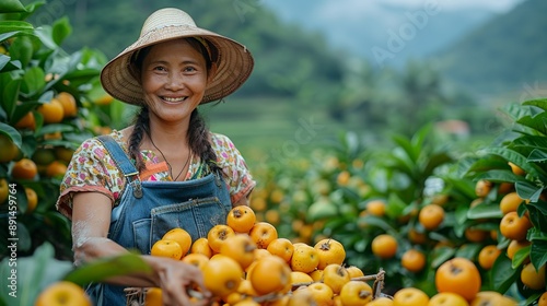 Joyful farmer in Southeast Asia picking fruits in an orchard surrounded by nature's beauty capturing the joy of a bountiful harvest realistic photo, high resolution , Minimalism,