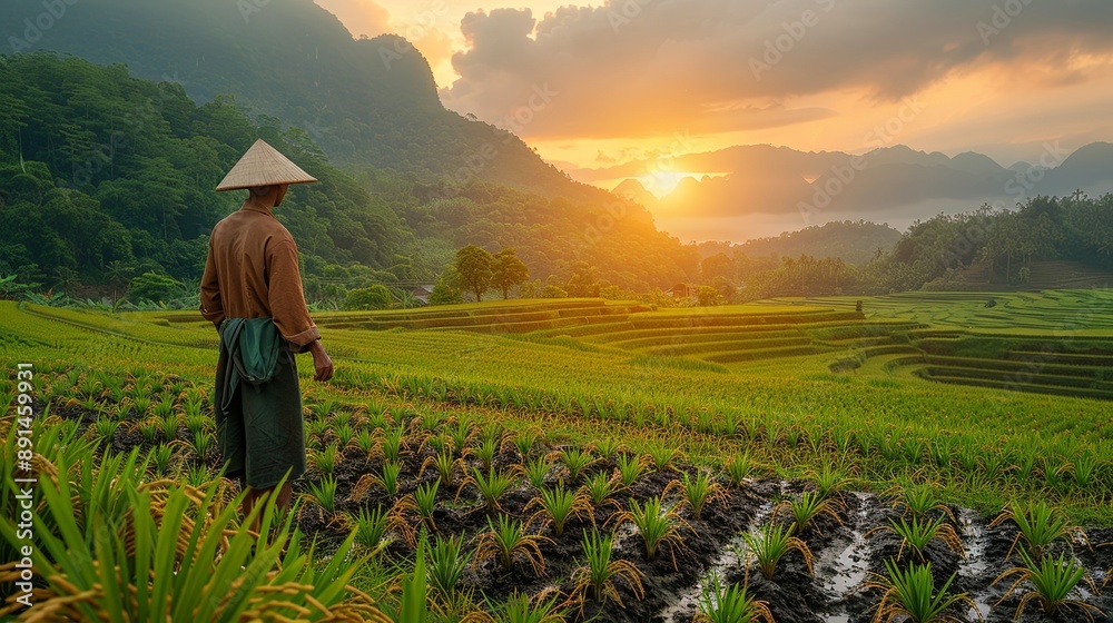 Joyful rice farmer in Southeast Asia transplanting seedlings in a verdant paddy field under the morning light capturing the spirit of farming realistic photo, high resolution , Minimalism, Joyful rice farmer in Southeast Asia transplanting seedlings in a verdant paddy field under the morning light capturing the spirit of farming realistic photo, high resolution , Minimalism,