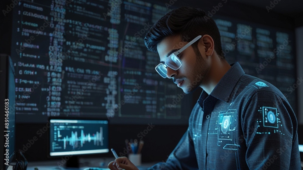 AI cyber security threat illustration, a male IT specialist analysing data information technology... AI cyber security threat illustration, a male IT specialist analysing data information technology...