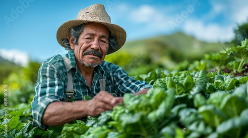 Joyful farmer in Southeast Asia tending to a vegetable garden under the clear blue sky capturing the satisfaction and joy of farming realistic photo, high resolution , Minimalism, © DARIKA
