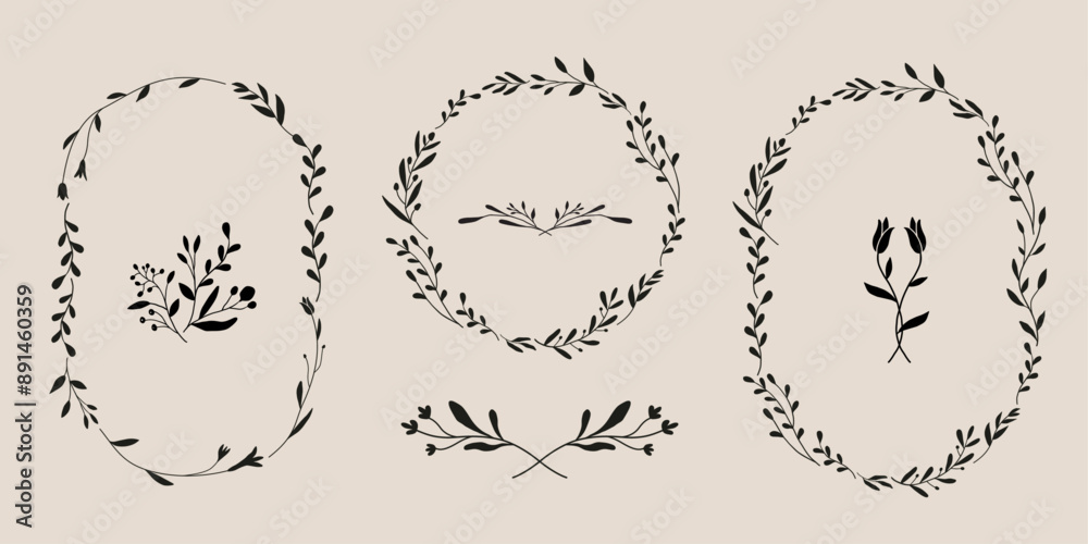 Fototapeta premium Set of flower wreath, frame. Antique style floral vector illustration