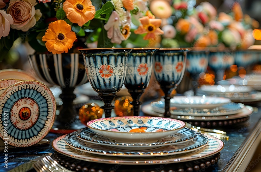 A table set with numerous plates and glasses. A table set with numerous plates and glasses.