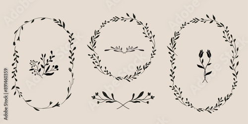 Set of flower wreath, frame. Antique style floral vector illustration