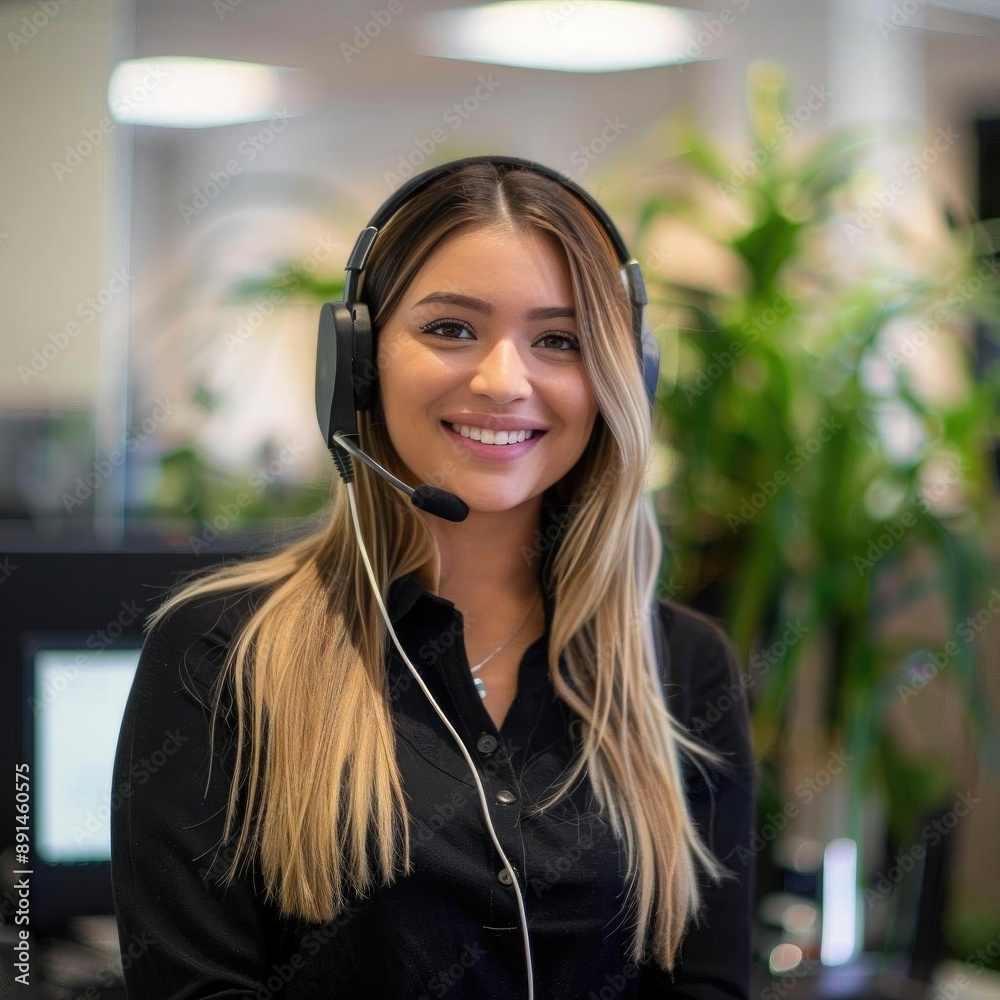 Young female customer service representative with a headset, smiling warmly, sleek office setting, bright and inviting Young female customer service representative with a headset, smiling warmly, sleek office setting, bright and inviting