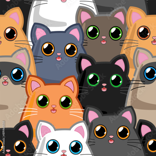 Seamless pattern with funny cats. Kitten background for textile, wrapping paper, fashions, illustrations.