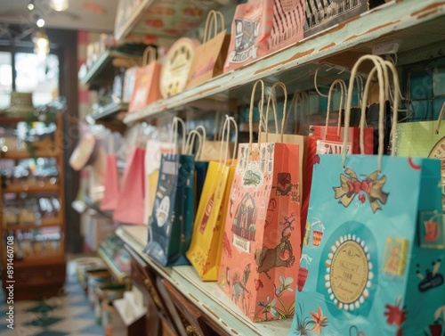 Vintage-style shopping bags with nostalgic designs, displayed in a retro-themed shop photo