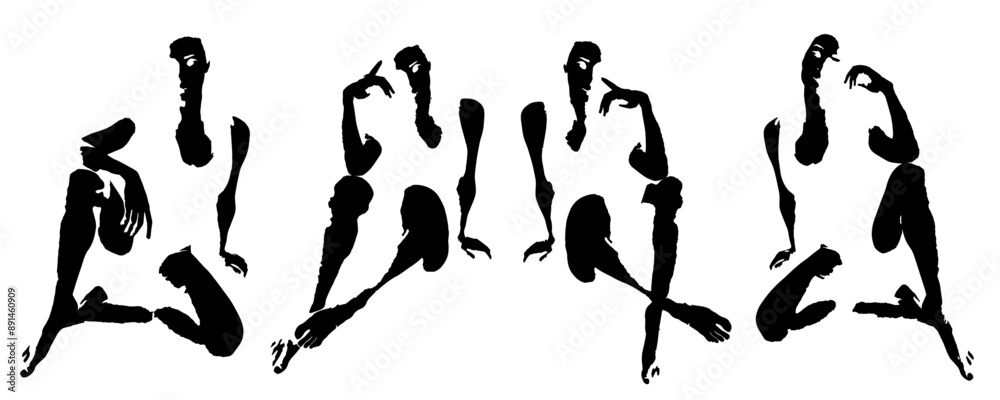 Monochrome sticker set. Stickers with different body poses. Positions of the face, torso, arms and legs. Halftone silhouettes. Icons for messages, creating an atmosphere, website, avatar. Vector