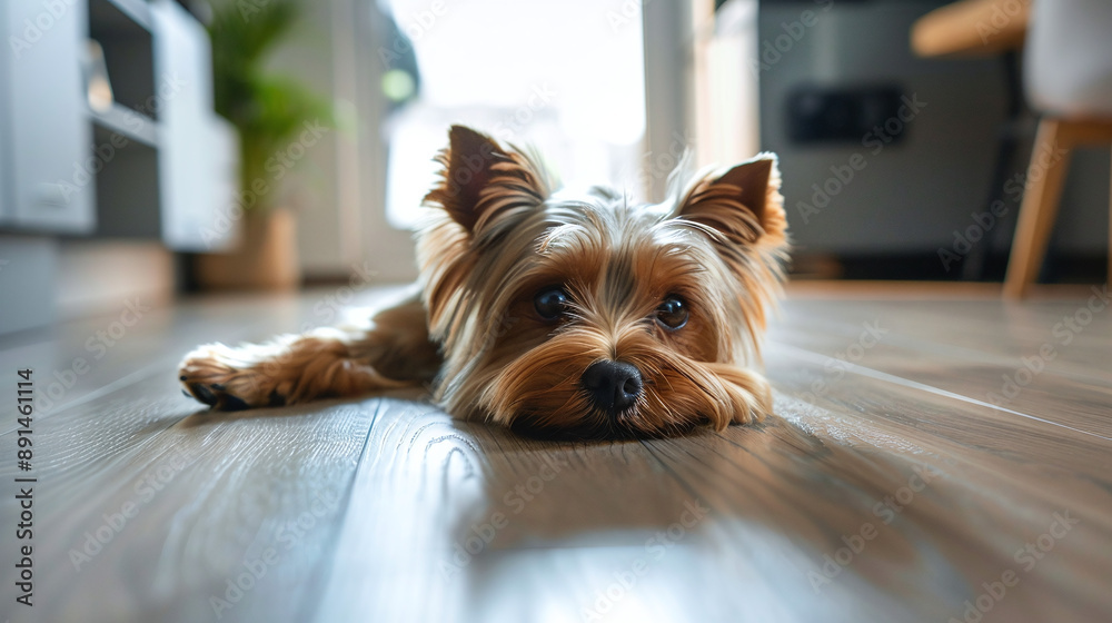 A small beautiful dog lies on the floor of the apartment waiting for its owner A small beautiful dog lies on the floor of the apartment waiting for its owner