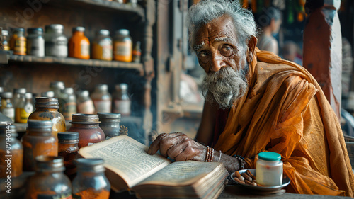 Old Indian man reading ancient Ayurvedic book in a medical shop