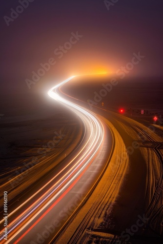 Light trails winding through foggy night on highway