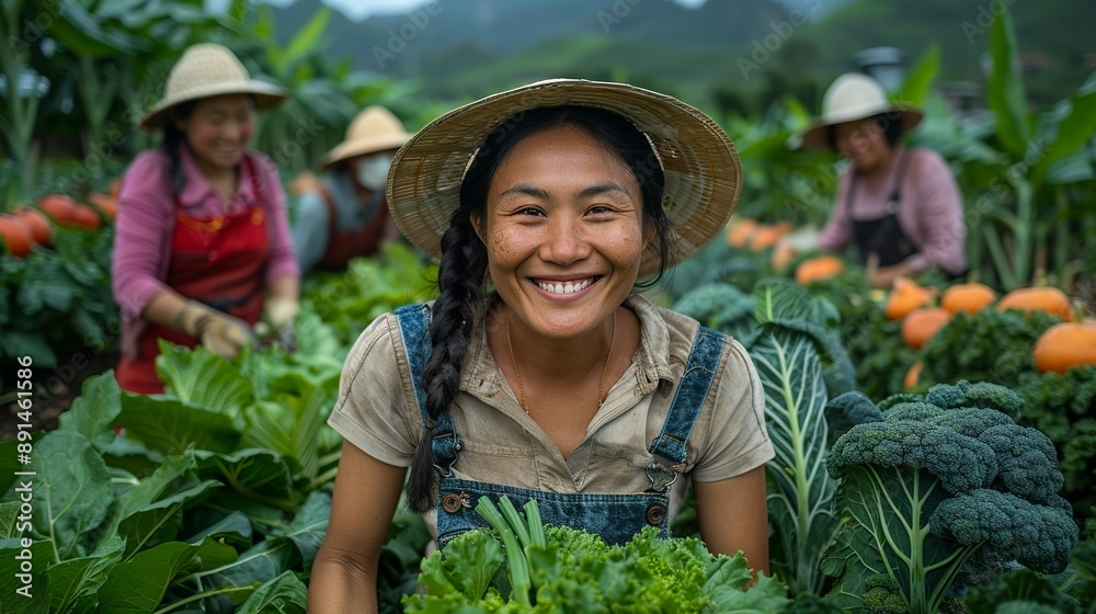 Picture of smiling farmers in Asia working together to harvest vegetables in a lush garden under clear skies showcasing teamwork in farming realistic photo, high resolution , Minimalism, Picture of smiling farmers in Asia working together to harvest vegetables in a lush garden under clear skies showcasing teamwork in farming realistic photo, high resolution , Minimalism,
