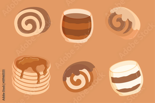 Rolls, pancakes, dessert in a glass