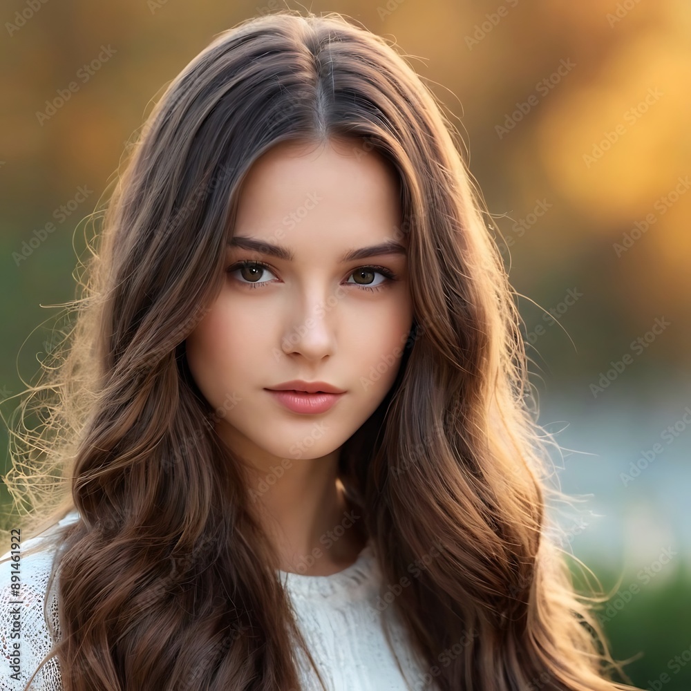 Fototapeta premium Brunette girl with long and shiny wavy hair . Beautiful model with straight hairstyle .
