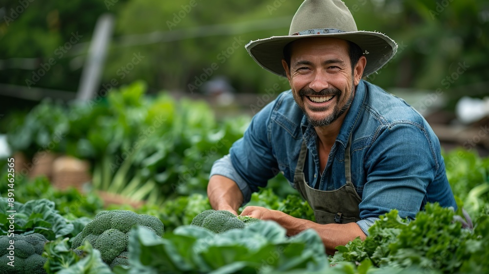 Happy farmer in Asia harvesting fresh vegetables in a lush green garden ...