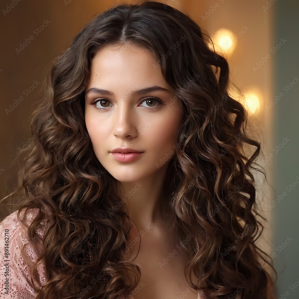 Brunette girl with long and shiny wavy hair . Beautiful model with curly hairstyle . Brunette girl with long and shiny wavy hair . Beautiful model with curly hairstyle .