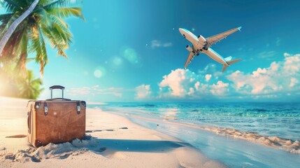 banner of suitcase on the beach on the flying plane background, travel vacation background