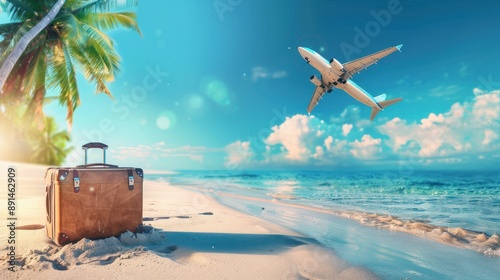 banner of suitcase on the beach on the flying plane background, travel vacation background