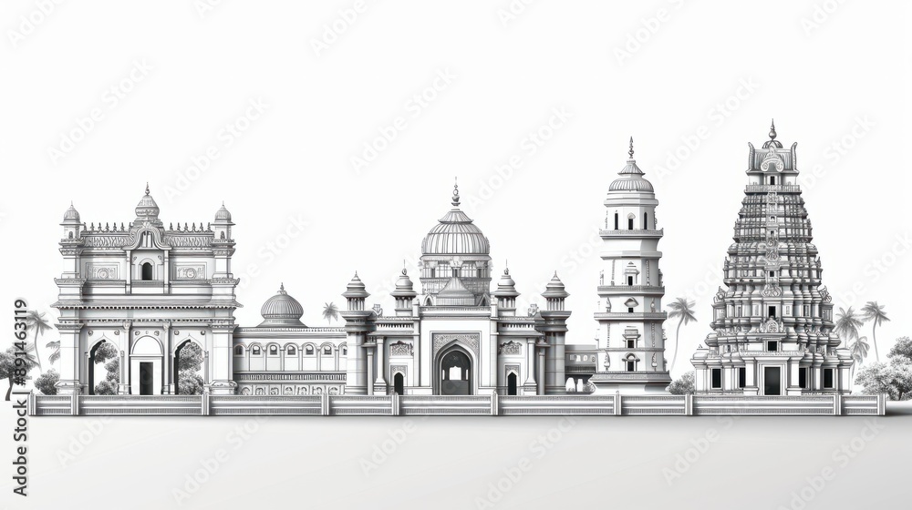 Obraz premium Black and white illustration with iconic landmarks for tamil nadu day.