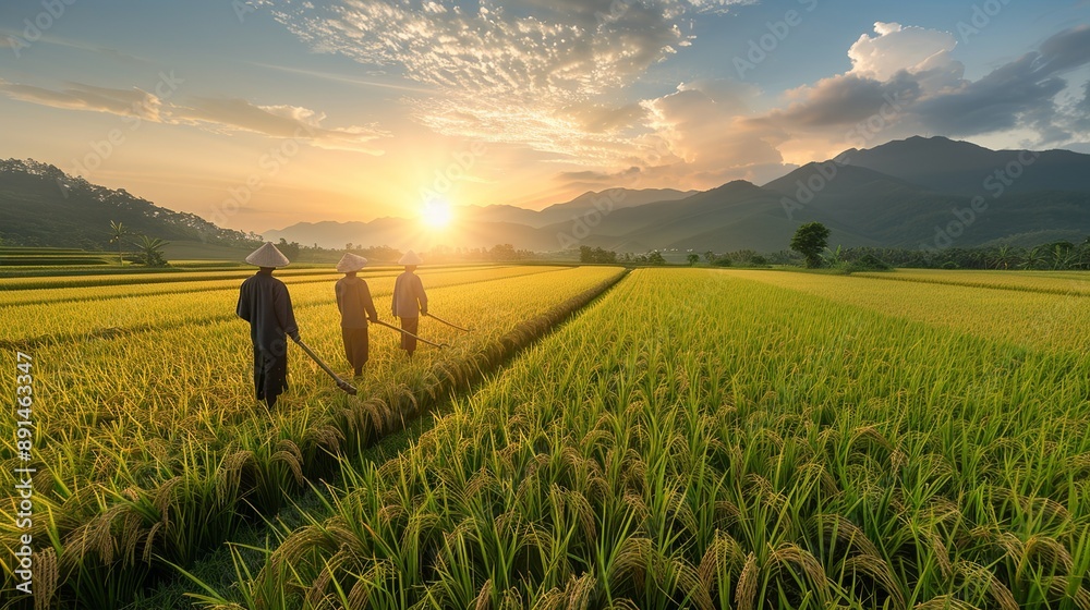 Fototapeta premium Joyful farmers in Southeast Asia plowing a rice field with traditional tools under the open sky showcasing the heritage of rice farming realistic photo, high resolution , Minimalism,