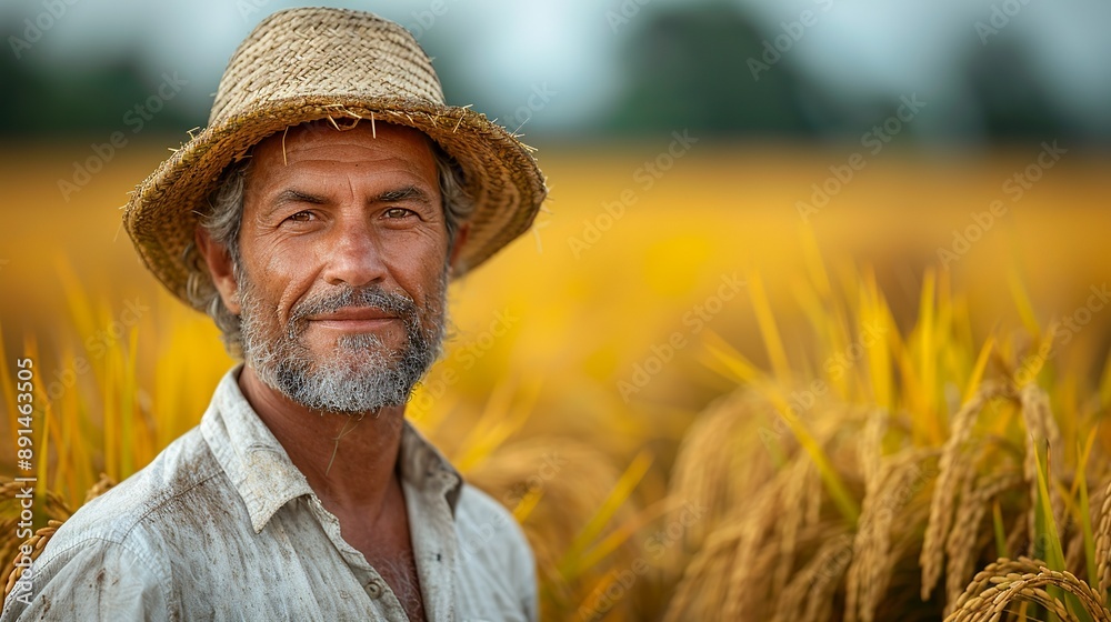 Fototapeta premium Happy rice farmer in Southeast Asia standing amidst golden rice plants ready for harvest capturing the culmination of months of hard work realistic photo, high resolution , Minimalism,
