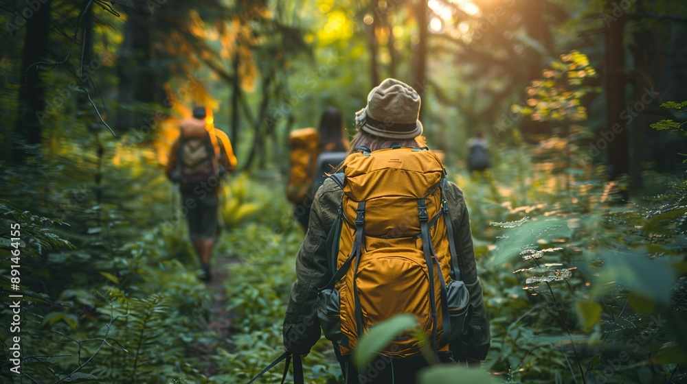 Cute people and pets hiking through a dense forest, exploring trails and discovering hidden paths under the dappled sunlight highlighting their adventure realistic photo, high resolution , Minimalism,
