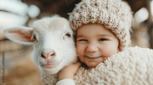 A warm scene where a baby cuddles with a baby goat, both wearing knitted outfits, capturing a moment of tenderness, friendship, and the innocence of early childhood bonding with animals. photo