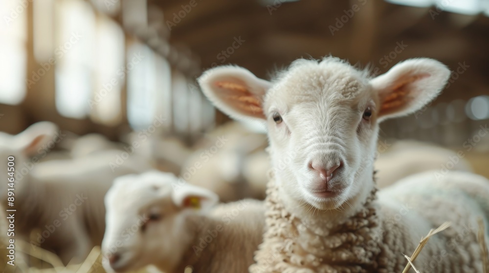 Close-up of a single adorable lamb standing on straw in a barn, with its head slightly tilted and a curious expression, capturing the essence of farm life. Close-up of a single adorable lamb standing on straw in a barn, with its head slightly tilted and a curious expression, capturing the essence of farm life.