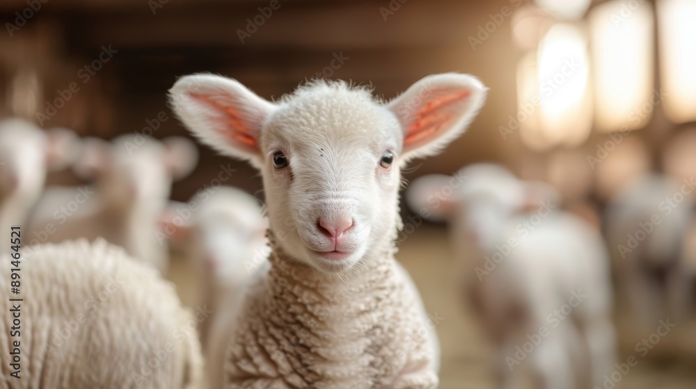 A bright young lamb with soft white wool standing in a barn, gazing directly at the camera, highlighting its innocence and the natural beauty of rural farm life. A bright young lamb with soft white wool standing in a barn, gazing directly at the camera, highlighting its innocence and the natural beauty of rural farm life.