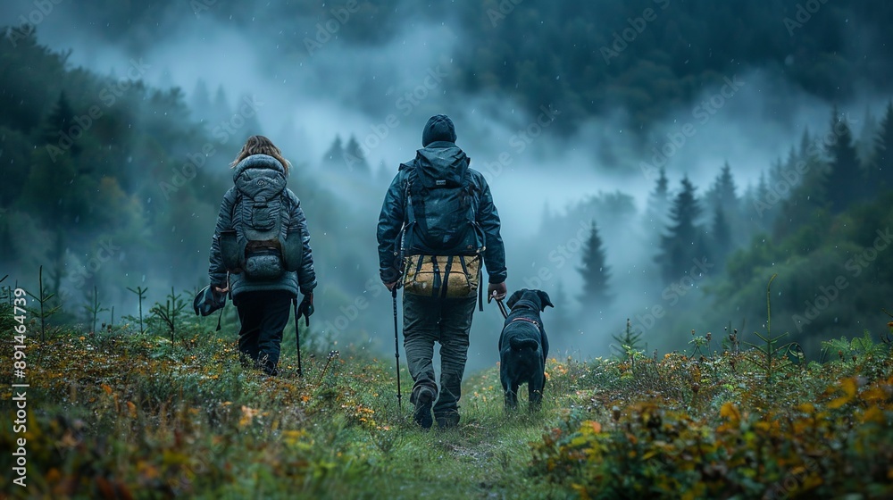 Naklejka premium A family with their dog hiking through a misty forest, capturing the enchanting atmosphere and sense of adventure realistic photo, high resolution , Minimalism,