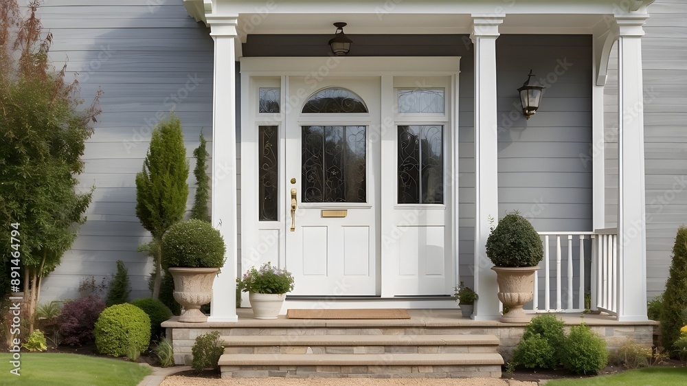 The front door of the home. Front wooden door with landing and porch. white columns on the outside of a cottage built in the Georgian style
