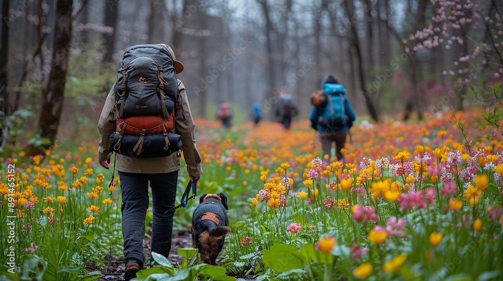 Cute people and pets hiking through a forest filled with spring blossoms, capturing the vibrant colors of nature realistic photo, high resolution , Minimalism, Cute people and pets hiking through a forest filled with spring blossoms, capturing the vibrant colors of nature realistic photo, high resolution , Minimalism,