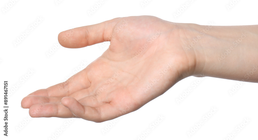 Woman showing hand on white background, closeup Woman showing hand on white background, closeup