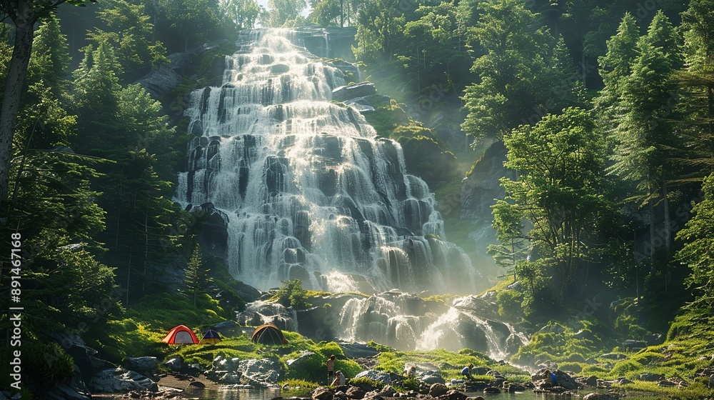 Friends and their pets setting up a campsite near a forest waterfall, enjoying the refreshing mist and soothing sounds realistic photo, high resolution , Minimalism, Friends and their pets setting up a campsite near a forest waterfall, enjoying the refreshing mist and soothing sounds realistic photo, high resolution , Minimalism,