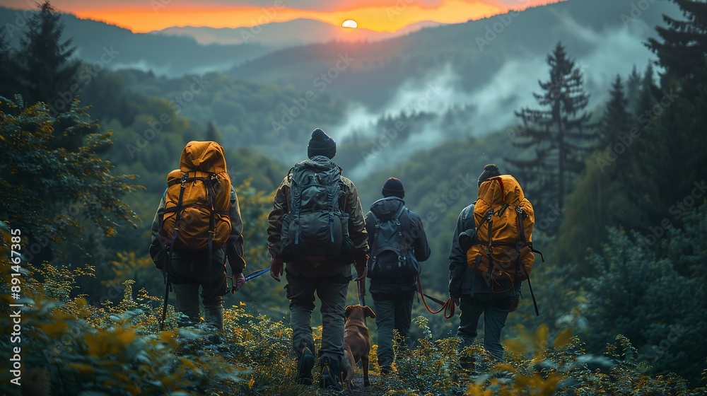 Friends and their dogs climbing a forested mountain trail, reaching the summit to watch a breathtaking sunrise realistic photo, high resolution , Minimalism, Friends and their dogs climbing a forested mountain trail, reaching the summit to watch a breathtaking sunrise realistic photo, high resolution , Minimalism,