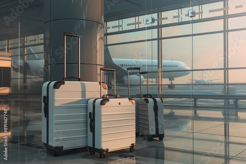 Generative AI illustration of modern suitcases with handles placed on the floor against a glass wall in an airport, with a plane visible in the background, capturing the sleek design and travel atmosp