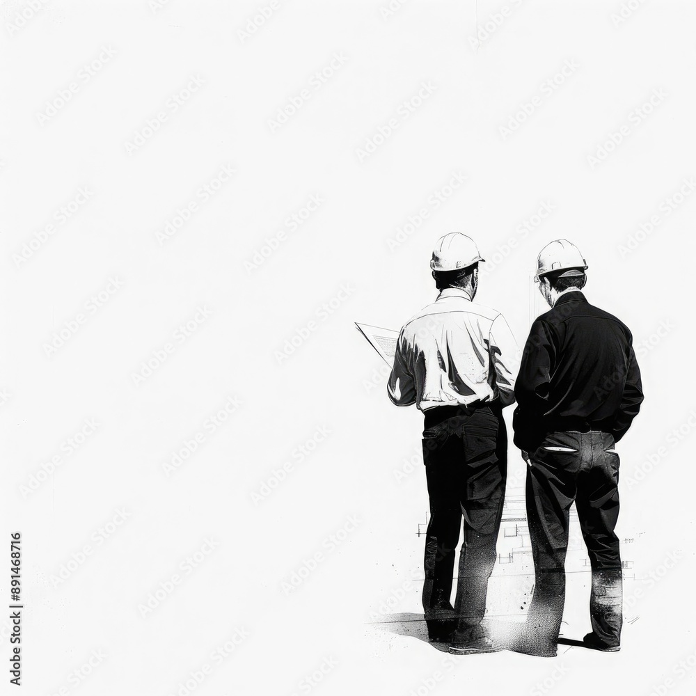 Crisp photograph of an architect discussing plans with a foreman at a construction site, isolated on white background Crisp photograph of an architect discussing plans with a foreman at a construction site, isolated on white background