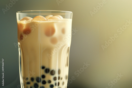 Generative AI illustration of Taiwan milk tea with bubbles, served in a clear glass against a soft-focus background, capturing the creamy texture and inviting presentation