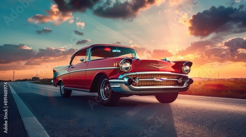 'red retro stay sunset car road asphalt old vintage classic muscle trip drive automotive automobile summer sky blue sport american auto transport 1960s'
