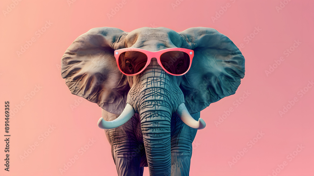 Creative animal concept. Elephant in sunglass shade glasses isolated on solid pastel background, commercial, editorial advertisement, surreal surrealism Creative animal concept. Elephant in sunglass shade glasses isolated on solid pastel background, commercial, editorial advertisement, surreal surrealism