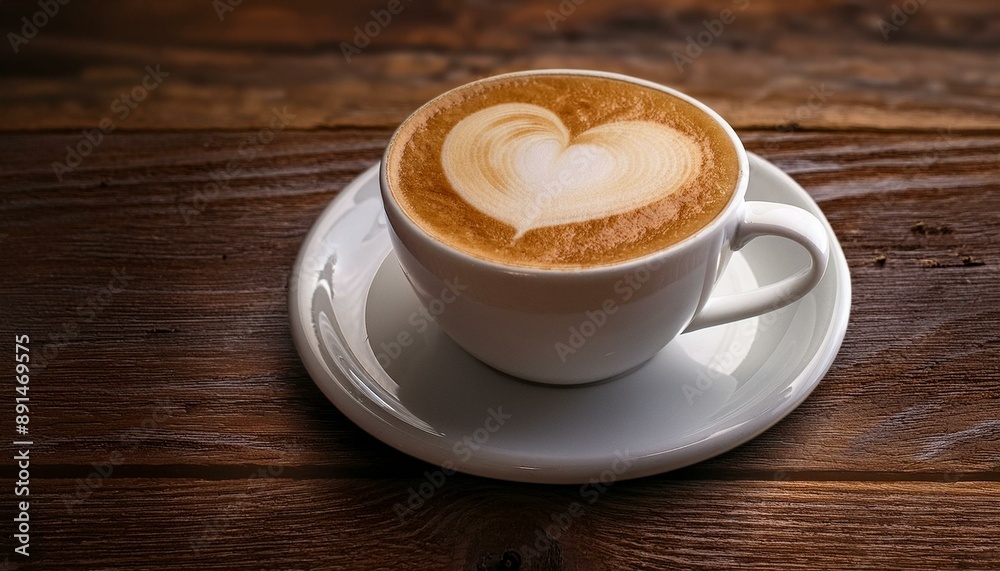 Detailed view of a white coffee cup with frothy cappuccino and heart latte art on a rustic d Detailed view of a white coffee cup with frothy cappuccino and heart latte art on a rustic d
