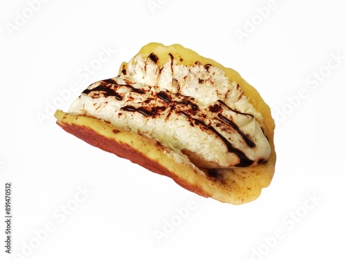 plate of vegan pancakes with fresh banana​ and cream isolated​ on  white background.