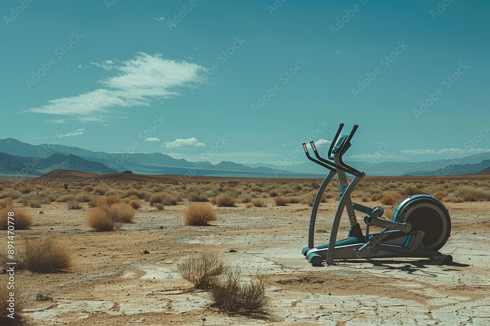 Fototapeta premium Elliptical machine in barren landscape symbolizing resilience