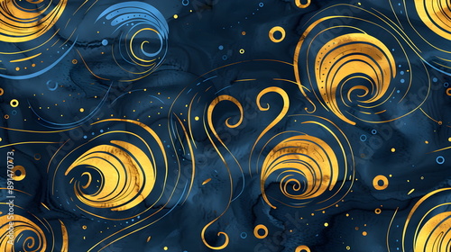 Abstract graphic yellow-blue pattern of hand-drawn waves and swirls. Seamless pattern for textile, paper, cover