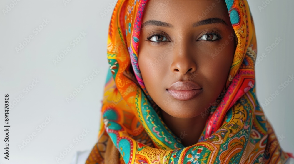 A woman wearing a vibrant scarf, standing confidently against a white background, highlighting accessory fashion A woman wearing a vibrant scarf, standing confidently against a white background, highlighting accessory fashion