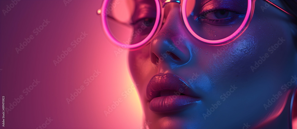 Close-up portrait of a girl in neon glasses against a background with pink backlight. ophthalmolog clinic banner with copy space Close-up portrait of a girl in neon glasses against a background with pink backlight. ophthalmolog clinic banner with copy space