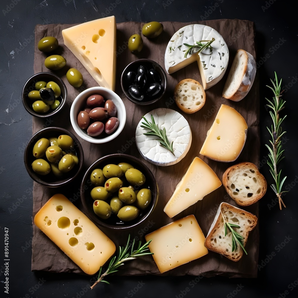 Culinary Delight: An exquisite selection of gourmet cheeses, olives, and fresh herbs